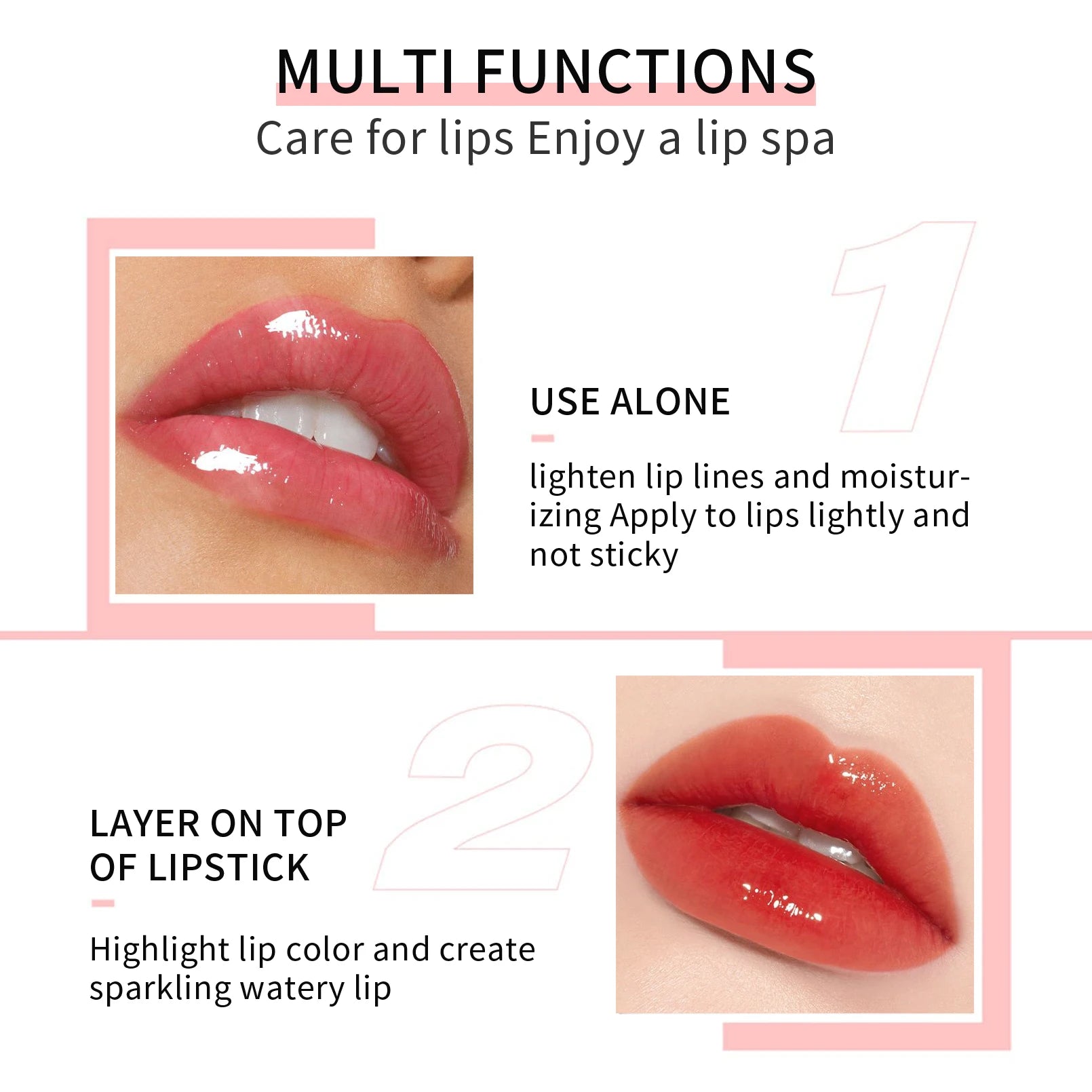Crystal jelly plumping lip oil with glossy, non-sticky texture. Use alone or layer for a sparkling, hydrated lip glow.