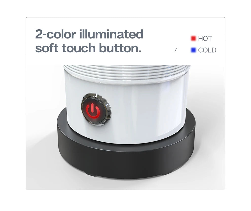 White electric coffee maker base with a 2-color illuminated red and blue soft touch power button for hot or cold use.