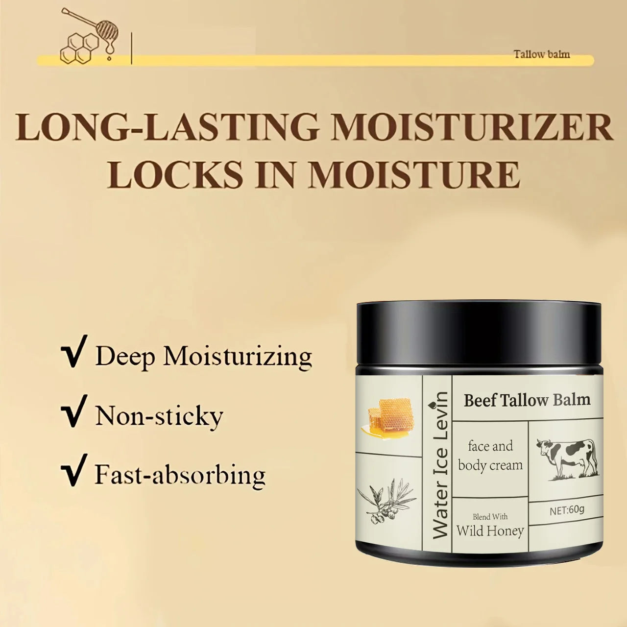 Beef Tallow Balm Locks in Moisture, Provides Deep Nourishment Non-Sticky, Fast-Absorbing for Face, Body. With Wild Honey Blend.