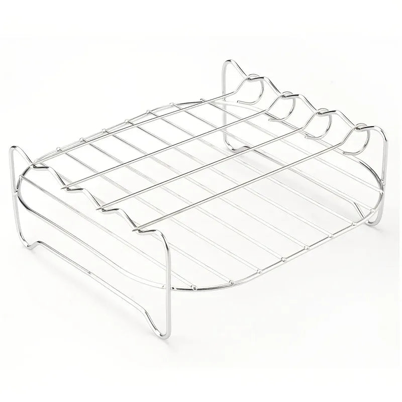 Stainless air fryer grill rack with folding legs and skewer holders