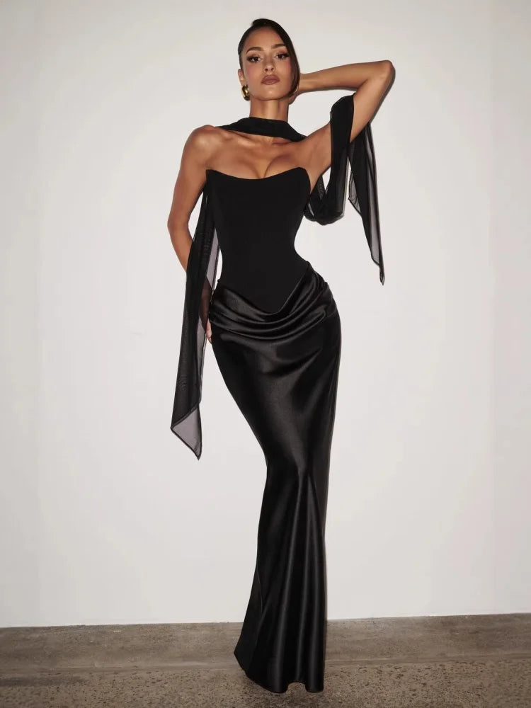 Strapless Satin Mermaid Maxi Dress Women Draped Waist Formal Party Evening Gown Y2K Sexy Elegant Clubwear