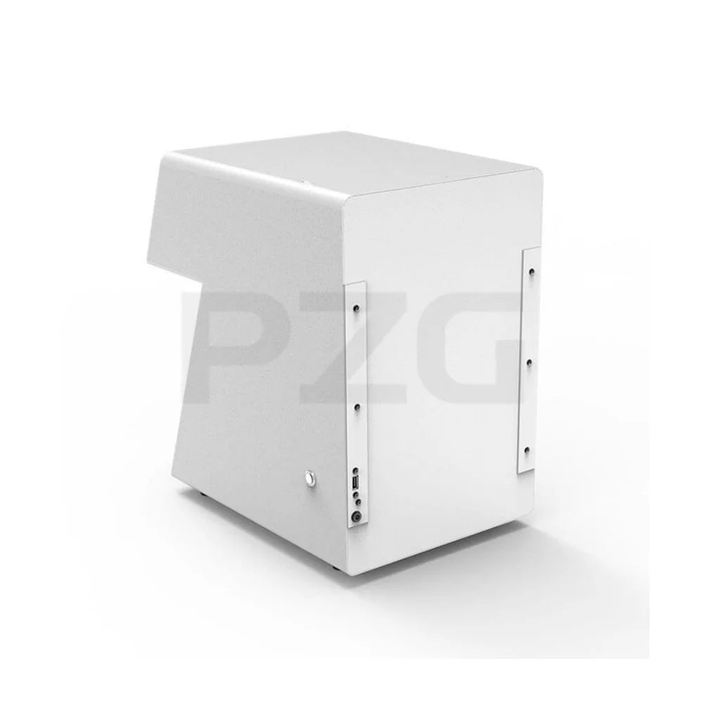 Modern white PZG commercial beverage or coffee maker machine with minimalist metal box design on white background.