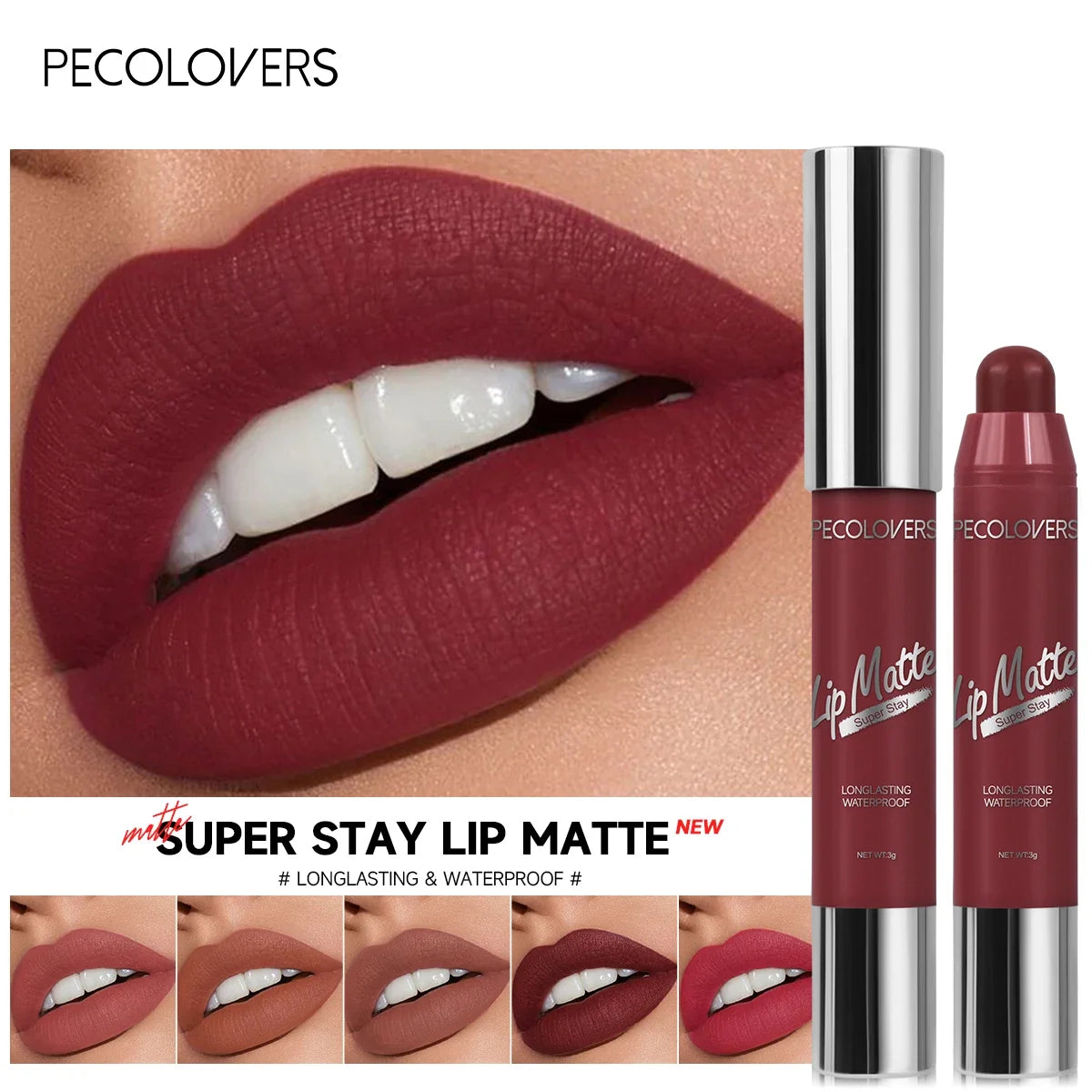 Pecolovers velvet matte lipstick in deep berry, showing long-lasting, waterproof, non-stick lip makeup application.