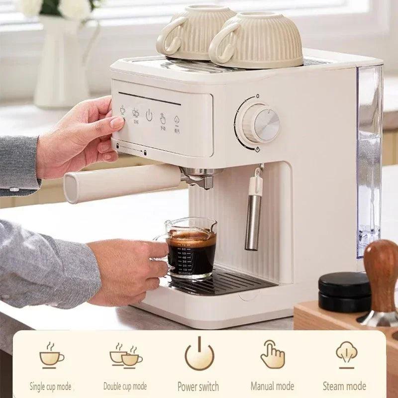 Cream-colored espresso coffee machine with steam wand, portafilter, and digital touch controls on a kitchen counter.