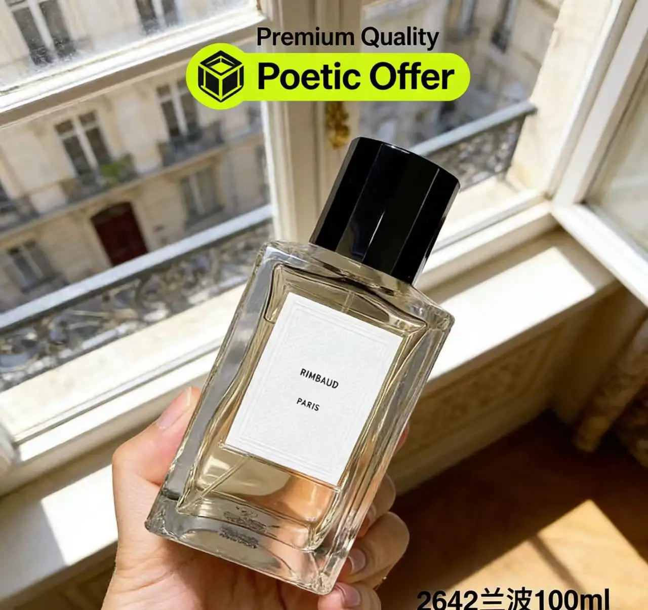Rimbaud Paris long-lasting unisex perfume in a rectangular glass bottle with a black cap, 100ml luxury scent.