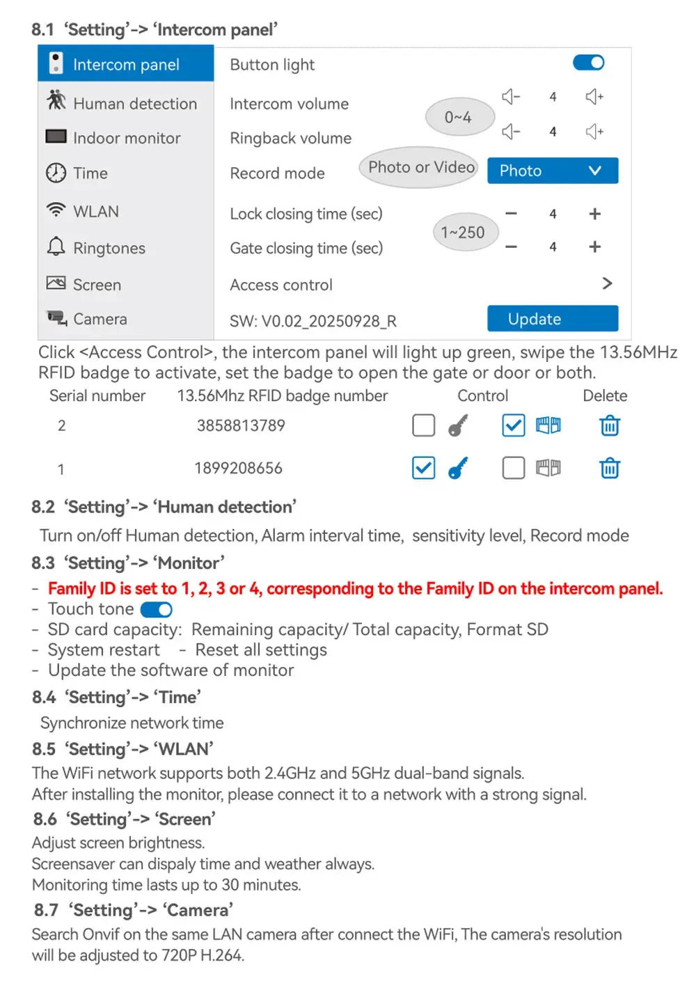 Intercom panel settings instruction page for RFID badge and human detection