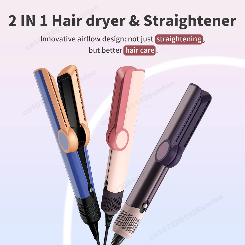 SenCiciMen 2-in-1 negative ion hair dryer and straightener with floating plates in blue, pink, and purple designs.