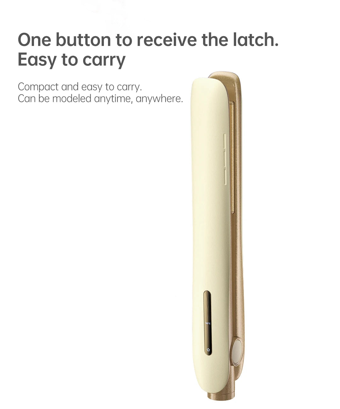 Compact cream and gold 2-in-1 hair straightener and curler flat iron with smart temp control for travel.