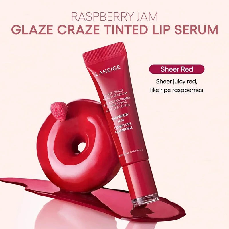 Laneige Glaze Tinted Lip Serum in Raspberry Jam: A glossy, sheer red polypeptide moisturizing balm with a juicy finish.