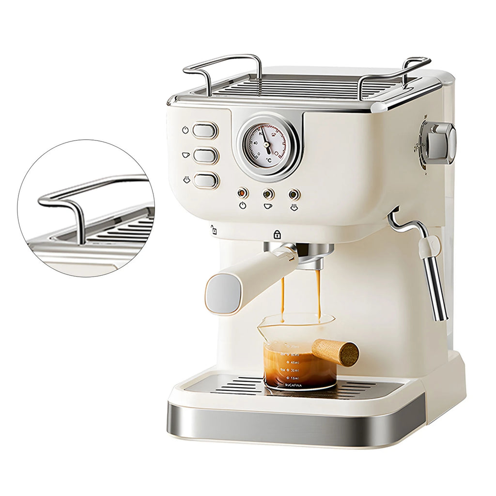 Cream-colored retro espresso machine with pressure gauge, stainless steel accents, and glass cup on drip tray.