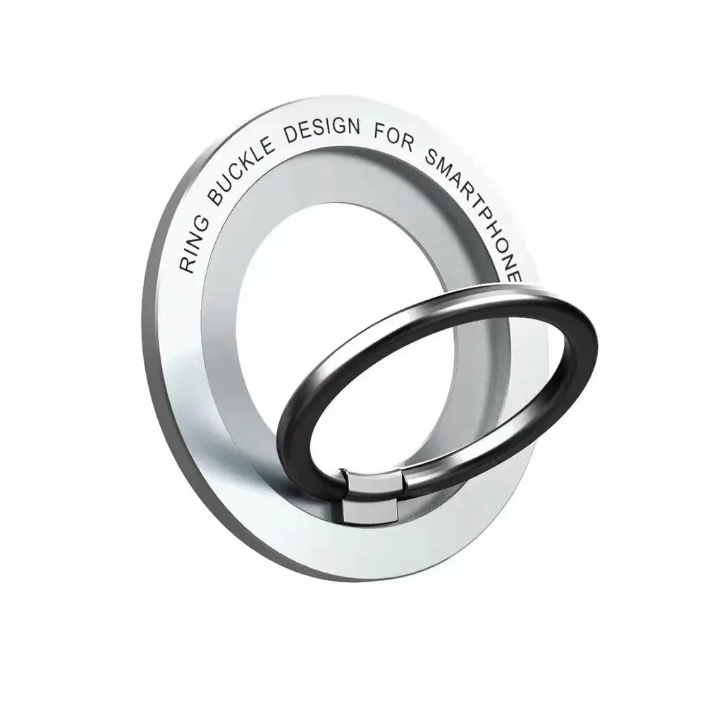 Tidesmit silver circular magnetic phone ring holder with a black metal swivel finger loop on a white background.