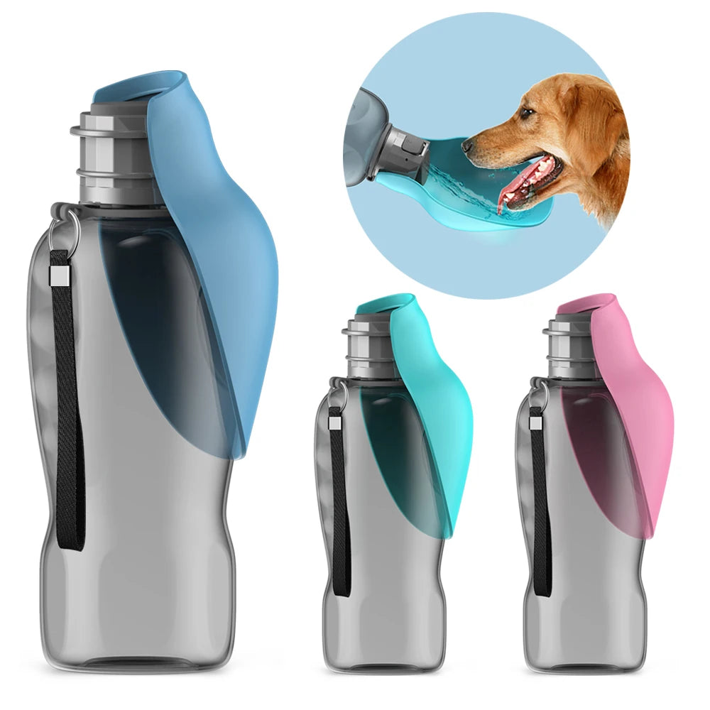 800ml portable dog water bottle with integrated bowl for easy outdoor travel hydration. Available in blue and pink.