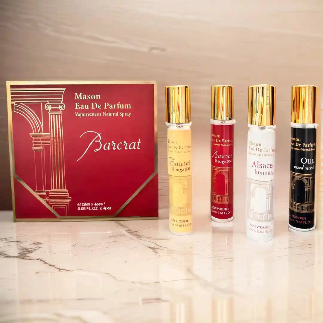 Mason Barcrat EDP gift set: 4 travel-size unisex perfume vials with gold caps. Fresh, long-lasting scent gift box.