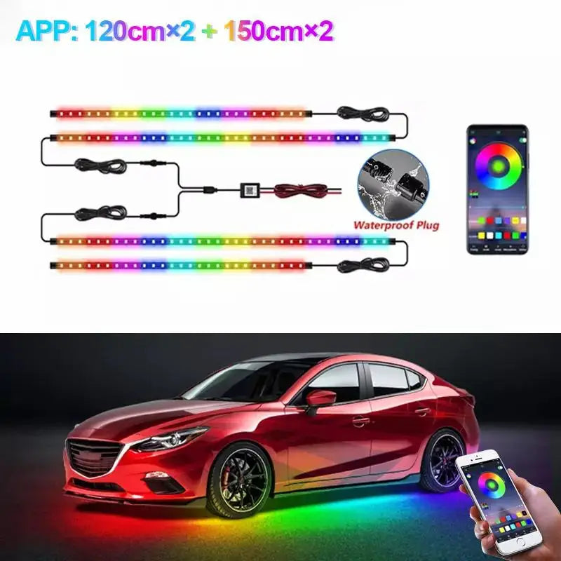 RGB LED car underglow light strips, two 120cm and two 150cm, with app control and waterproof connectors.