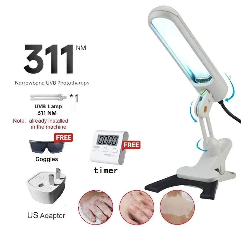 311nm narrowband UVB phototherapy lamp with clamp base, goggles, timer, and adapter for skin condition treatment.
