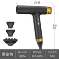 Black and gold ionic hair dryer with 3 magnetic nozzles, 11000 RPM, low-noise tech, and constant heat control.