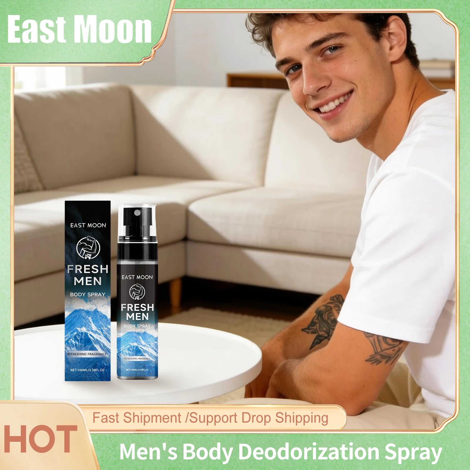 Tidesmit East Moon sandalwood scented deodorant spray for men, providing long-lasting odor protection and freshness.