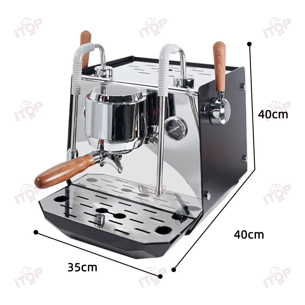 ITOP commercial espresso machine, chrome and black finish, wood handles, 35x40x40cm compact professional coffee maker.