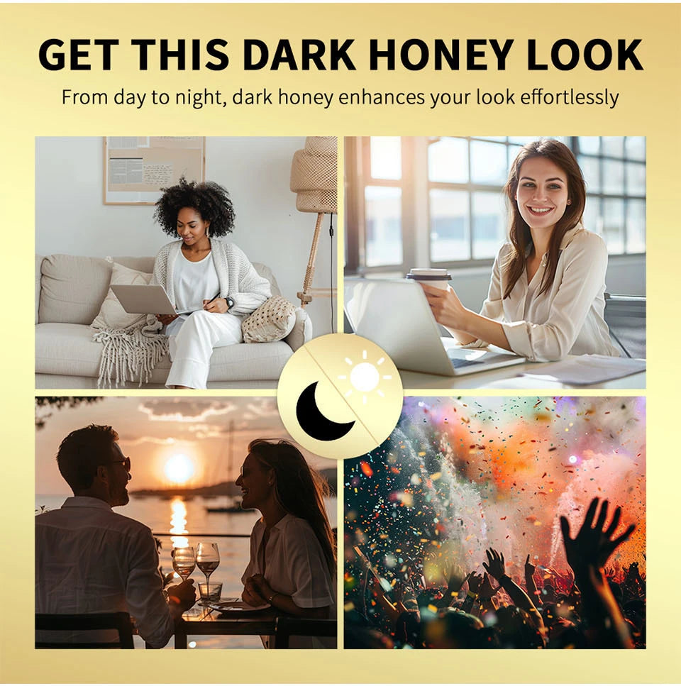 Collage showing women wearing nourishing black brown honey tinted lip balm for a lasting, non-stick, plumping look.