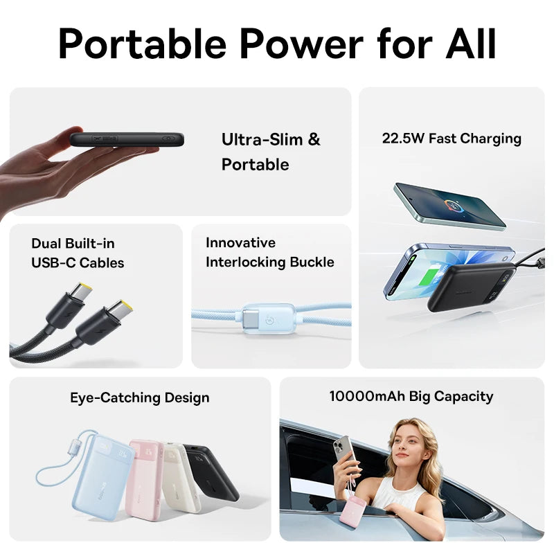 Portable Charger 10000mAh 22.5W Fast Charging Power Bank with Built-in Cables Tidesmit