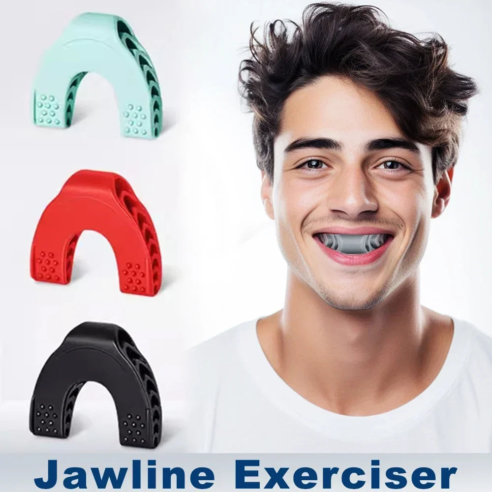 Man using grey silicone jaw exerciser, with mint, red, and black versions shown on the side.