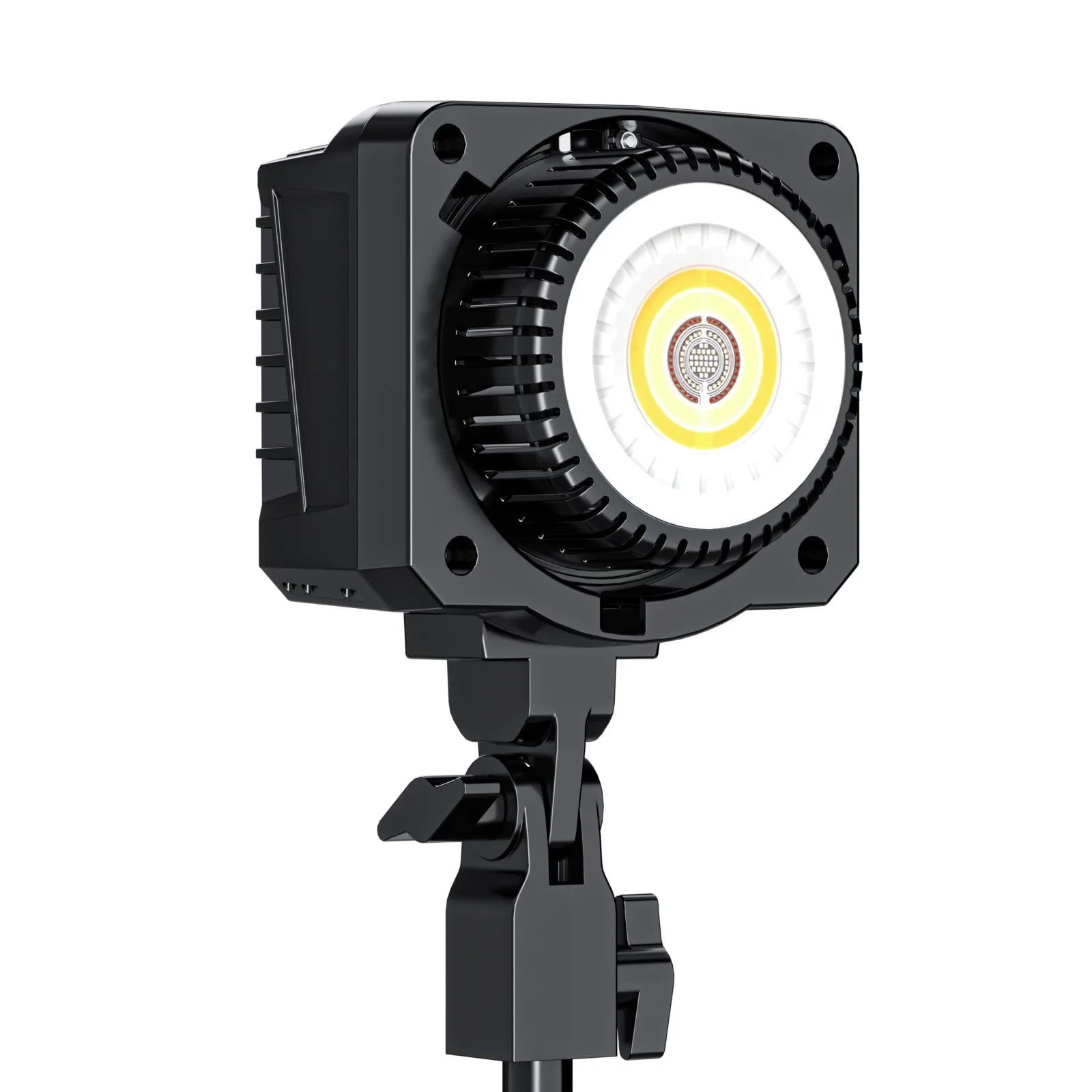 Black portable LED video light with a circular COB bulb, mounted on an adjustable stand for studio lighting.
