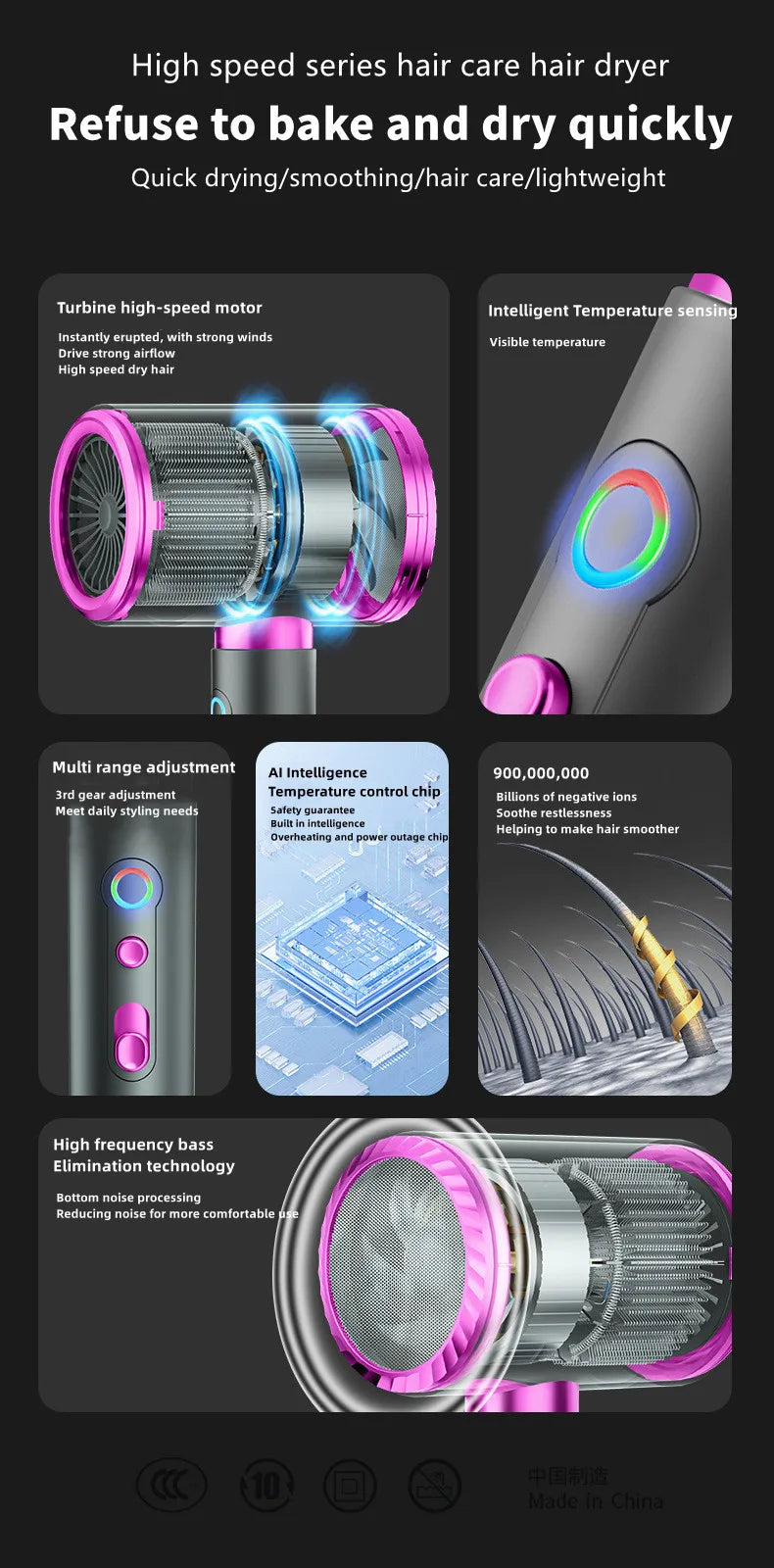 2400W high-speed ionic hair dryer in grey and pink with smart temperature control and noise-reduction technology.