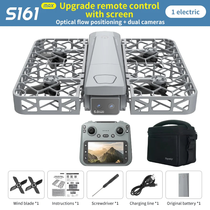 S161 Max grey quadcopter drone with protective cage, controller with screen, storage case, and accessories.