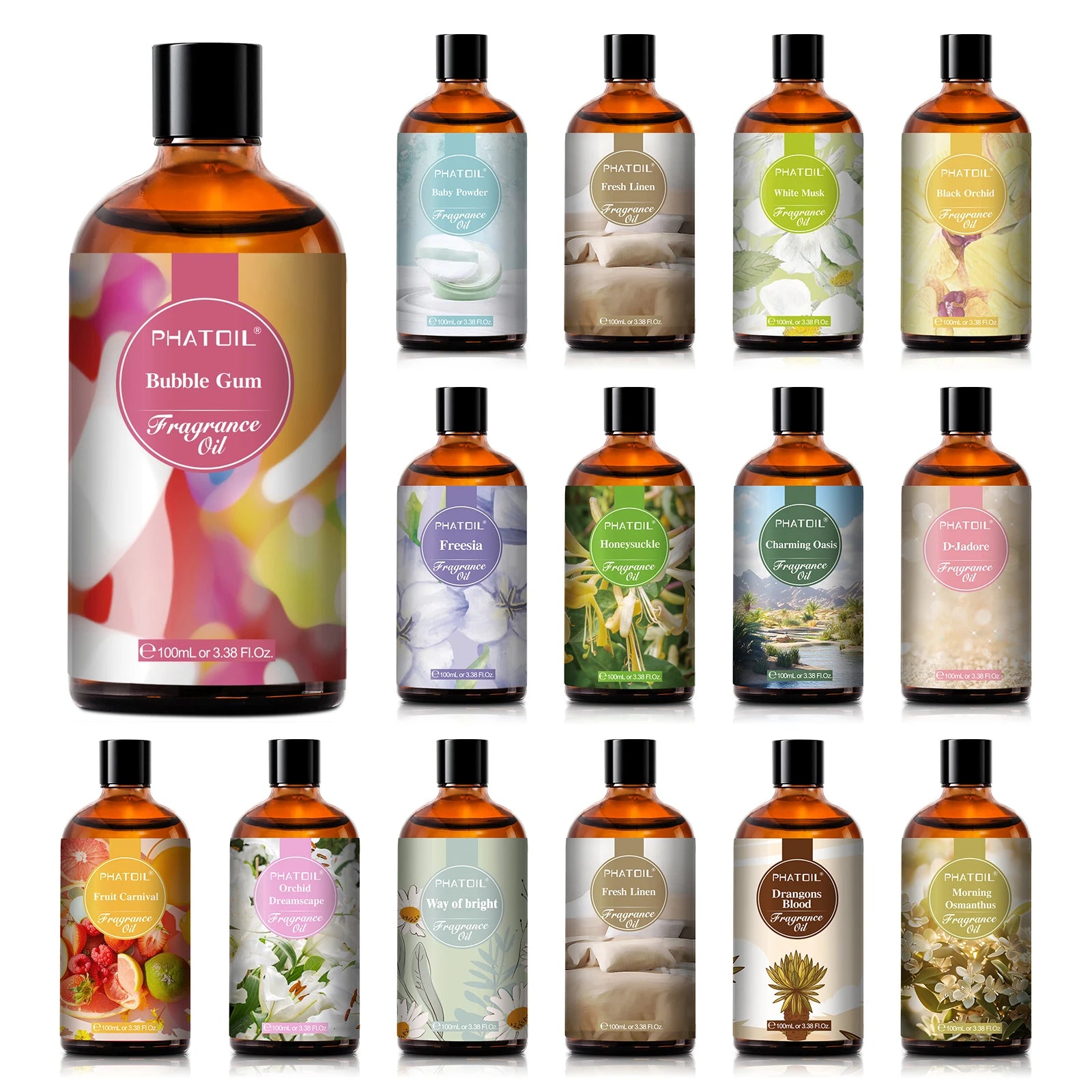PHATOIL 100ml Aromatherapy Fragrance Oil For Diffuser Bubble Gum White Musk Baby Powder Sea Breeze Fruit Carnival Aroma Oils