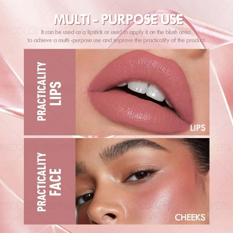 Multi-purpose moisturizing lipstick pen in pink shade, used as lip color and cream blush for a natural makeup look.