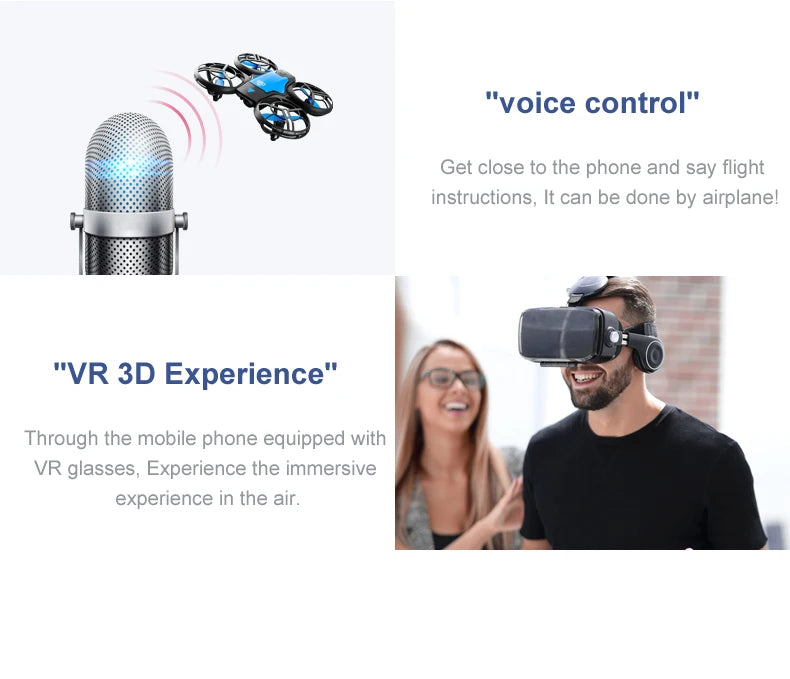 Small blue and black drone with four propellers, capable of voice control and VR 3D flight viewing.