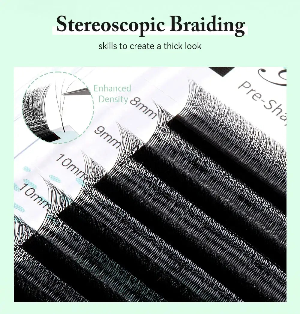 Black W-shape premade volume lash extensions arranged in rows by length (8mm–10mm) on an adhesive strip.