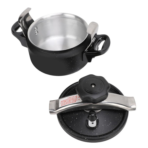 Black speckled pressure cooker with open lid showing stainless-steel inner pot and handles