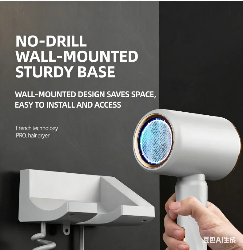 White 1800W wall-mounted hair dryer with no-drill base, LED temp display, and pro styling design for hotel bathrooms.