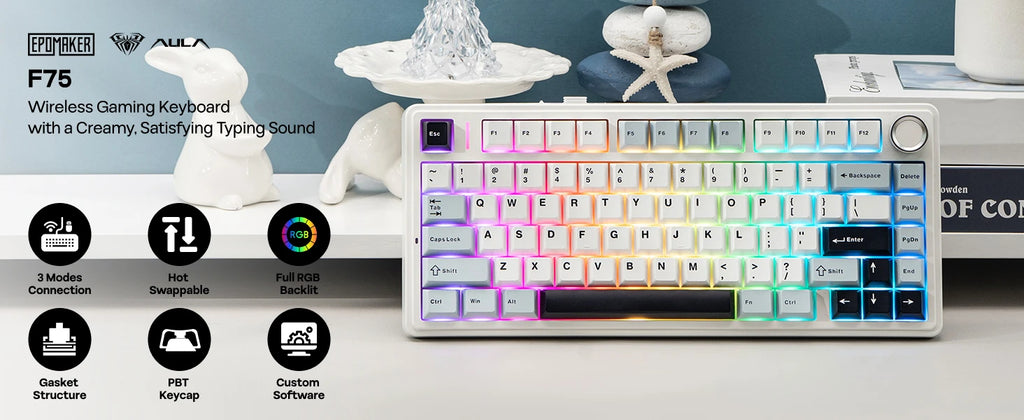 EPOMAKER x AULA F75 75% ANSI Hot-Swap Gasket Bluetooth 5.0/2.4G Wireless/Wired Mechanical Keyboard PBT Keycaps for Mac/Win