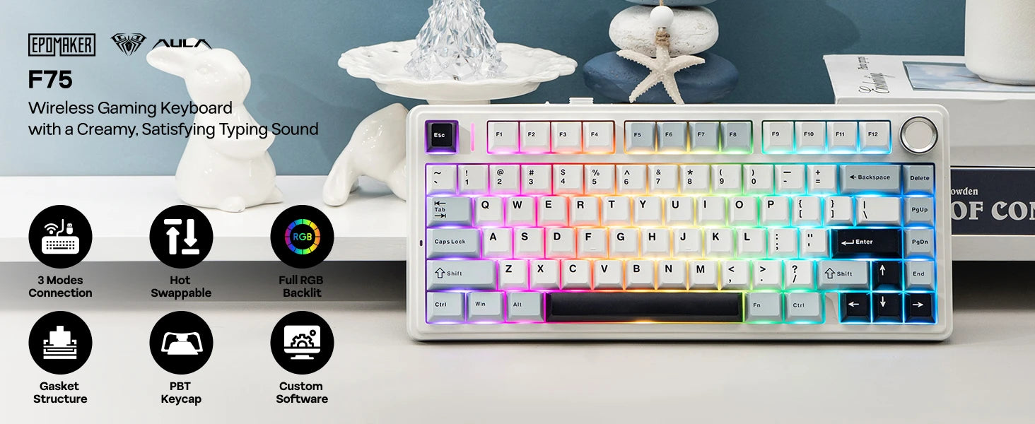 EPOMAKER x AULA F75 75% ANSI Hot-Swap Gasket Bluetooth 5.0/2.4G Wireless/Wired Mechanical Keyboard PBT Keycaps for Mac/Win