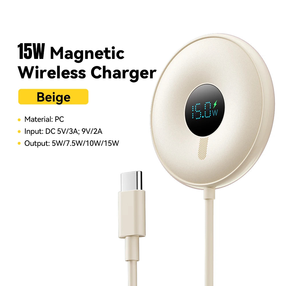 Magnetic Wireless Charger 15W with Digital Display - MagSafe Compatible 15W Beige CN Tidesmit