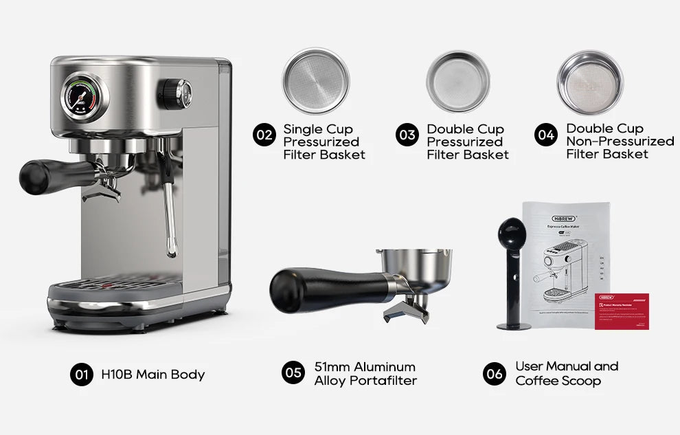 HiBREW H10B stainless steel espresso machine with 51mm aluminum portafilter, filter baskets, scoop, and manual.