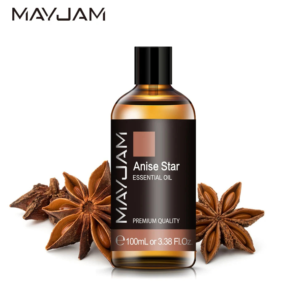 Anise star essential oil bottle, amber glass with black pump cap, 100ml label