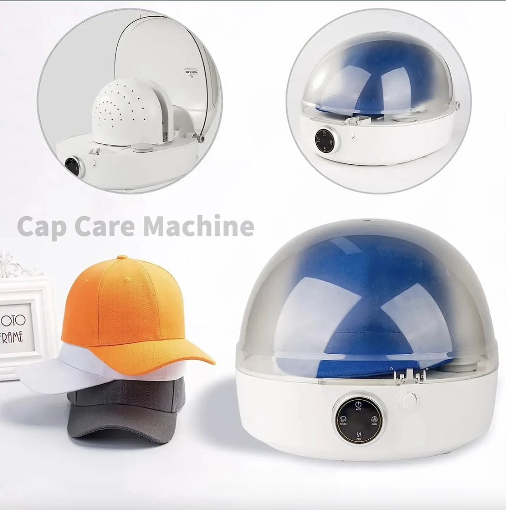 Tidesmit automatic cap care machine hero view for steaming and restoring misshapen hats to original shape