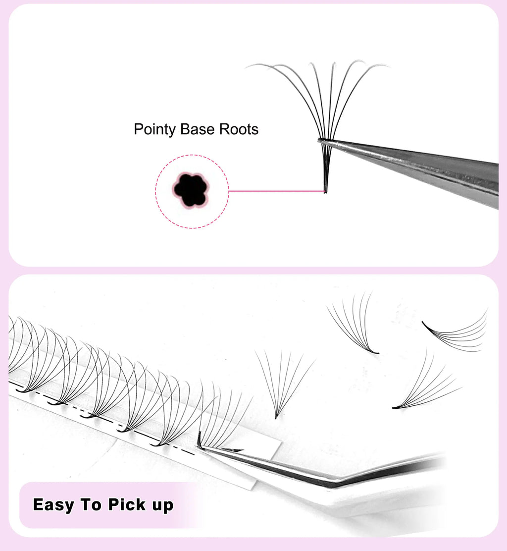 Pre-made black eyelash fans with pointy bases and thin, tapered synthetic fibers for professional lash extensions.