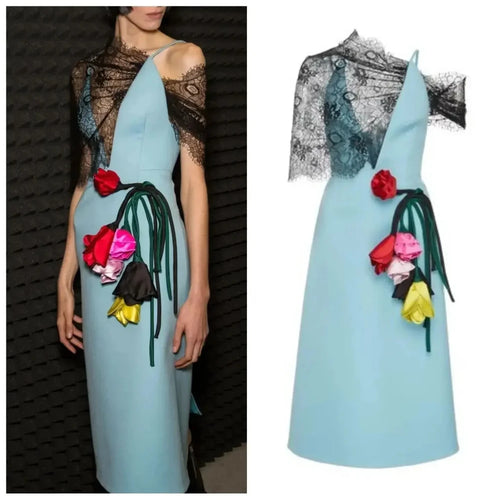 Light blue one-shoulder midi dress with black lace overlay, floral embellishments, and A-line silhouette by Tidesmit.