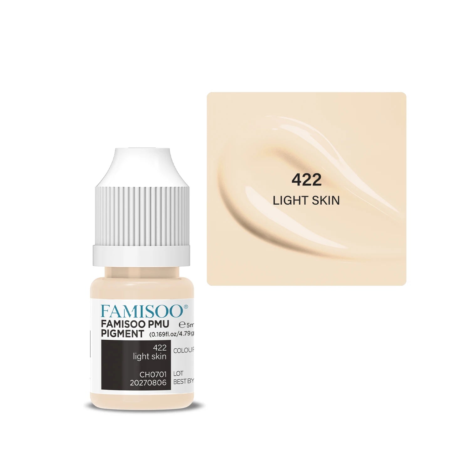 5ml bottle of 422 light skin PMU pigment with a swatch of the beige, creamy-textured tattoo ink.