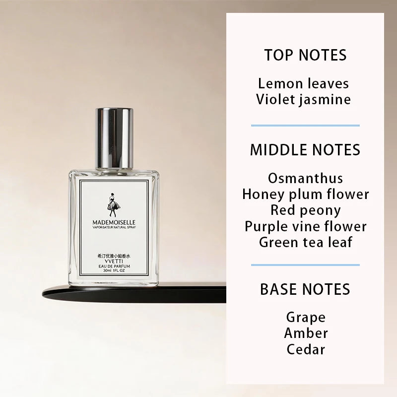 Vvetti Mademoiselle EDP: Floral fruity women's perfume in a square glass bottle with citrus, floral, and amber notes.