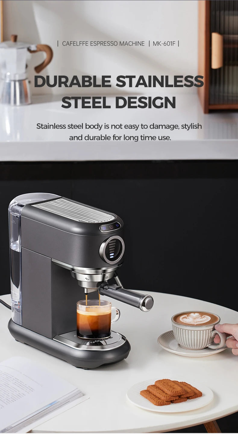 Cafelffe MK-601F stainless steel espresso machine brewing a fresh coffee shot on a white table.