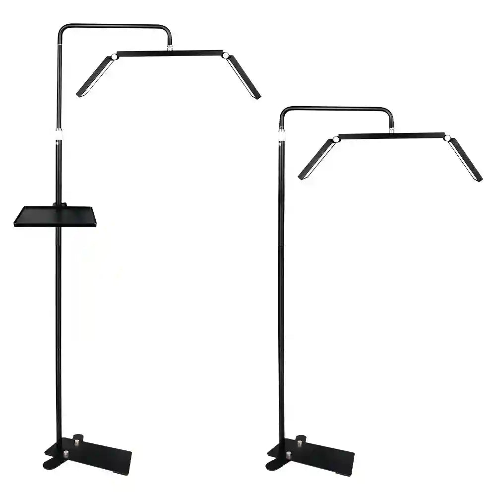 Black adjustable LED floor lamps with three-panel light heads and accessory trays for beauty and lash services.