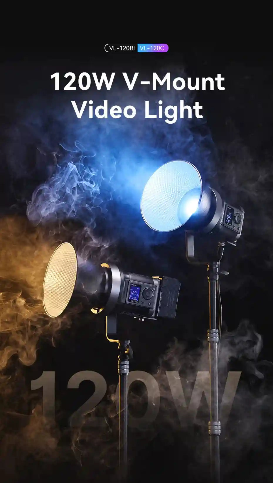 120W V-mount video light with textured bowl reflector on a stand, emitting blue and warm yellow light in smoke.