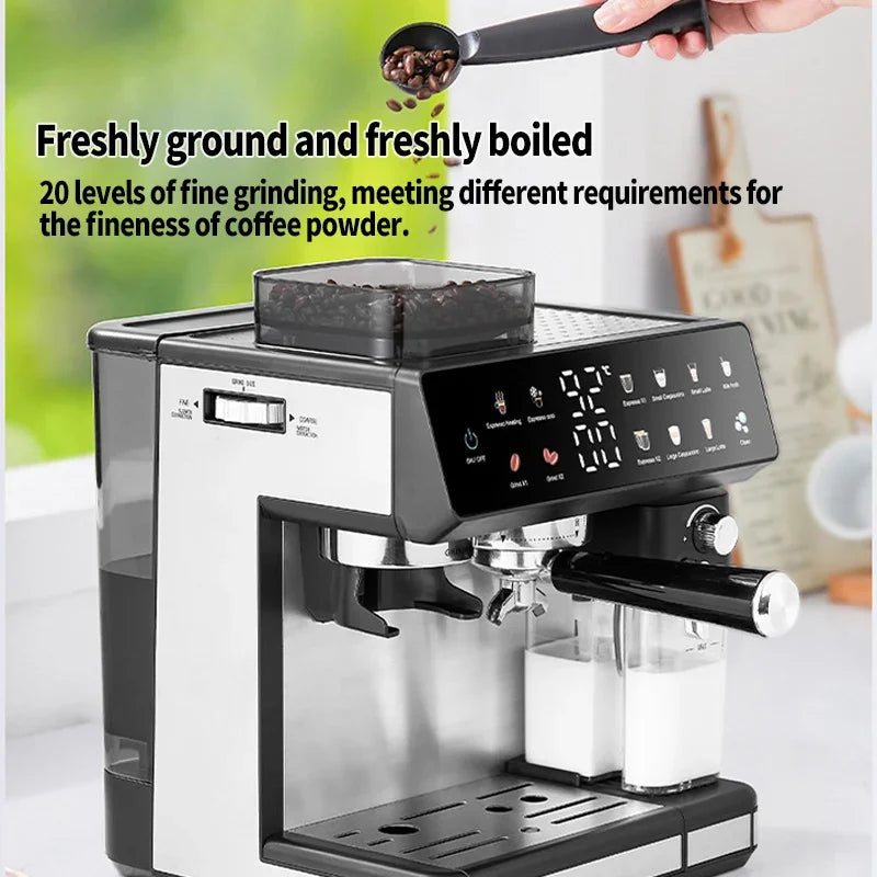 Black and silver espresso machine with built-in bean grinder, digital display, and milk frothing container.