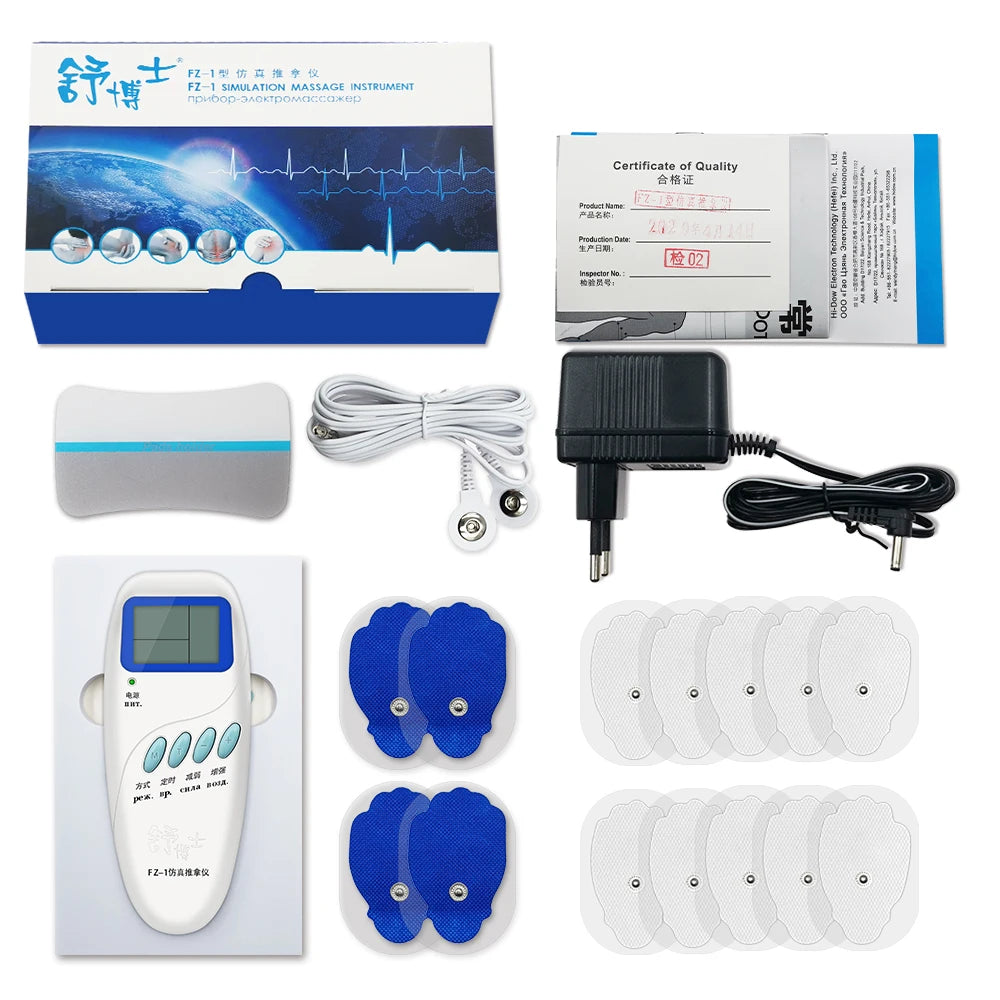 TENS electric muscle stimulator kit with white handheld massager, electrodes, power adapter, and pads for pain relief.