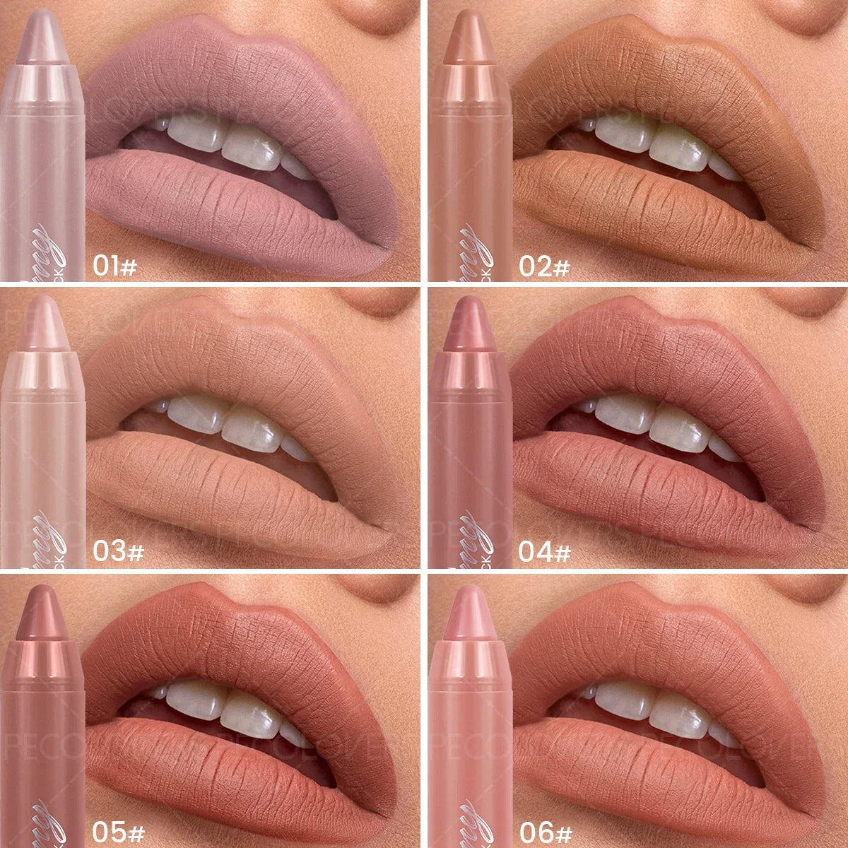 Soft matte lip liner crayon set featuring six moisturizing, natural nude and rose lipstick pencil shades for daily wear.
